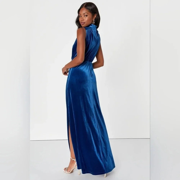 Lulus Classic Elegance Blue Velvet Sleeveless Mock Neck Maxi Dress L Party - Picture 5 of 12